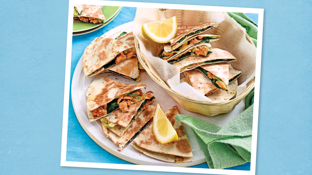Oven Quesadillas sits on a blue background (canned tuna recipes)