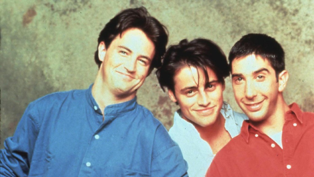 Matthew Perry, Matt LeBlanc and David Schwimmer on the set of Friends in 1995