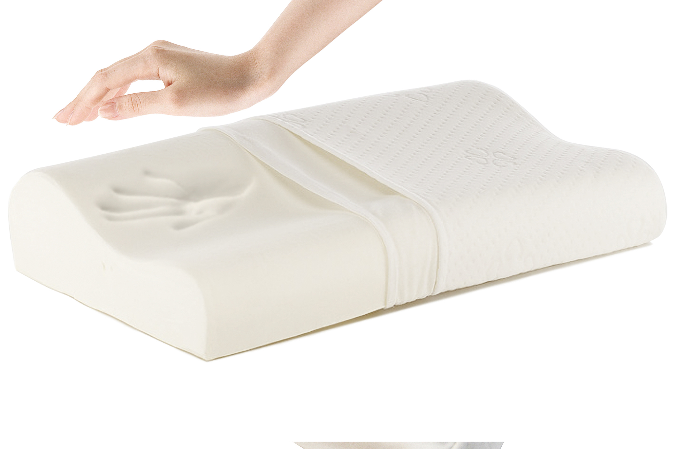 woman pushing her hand print into a memora foam pillow