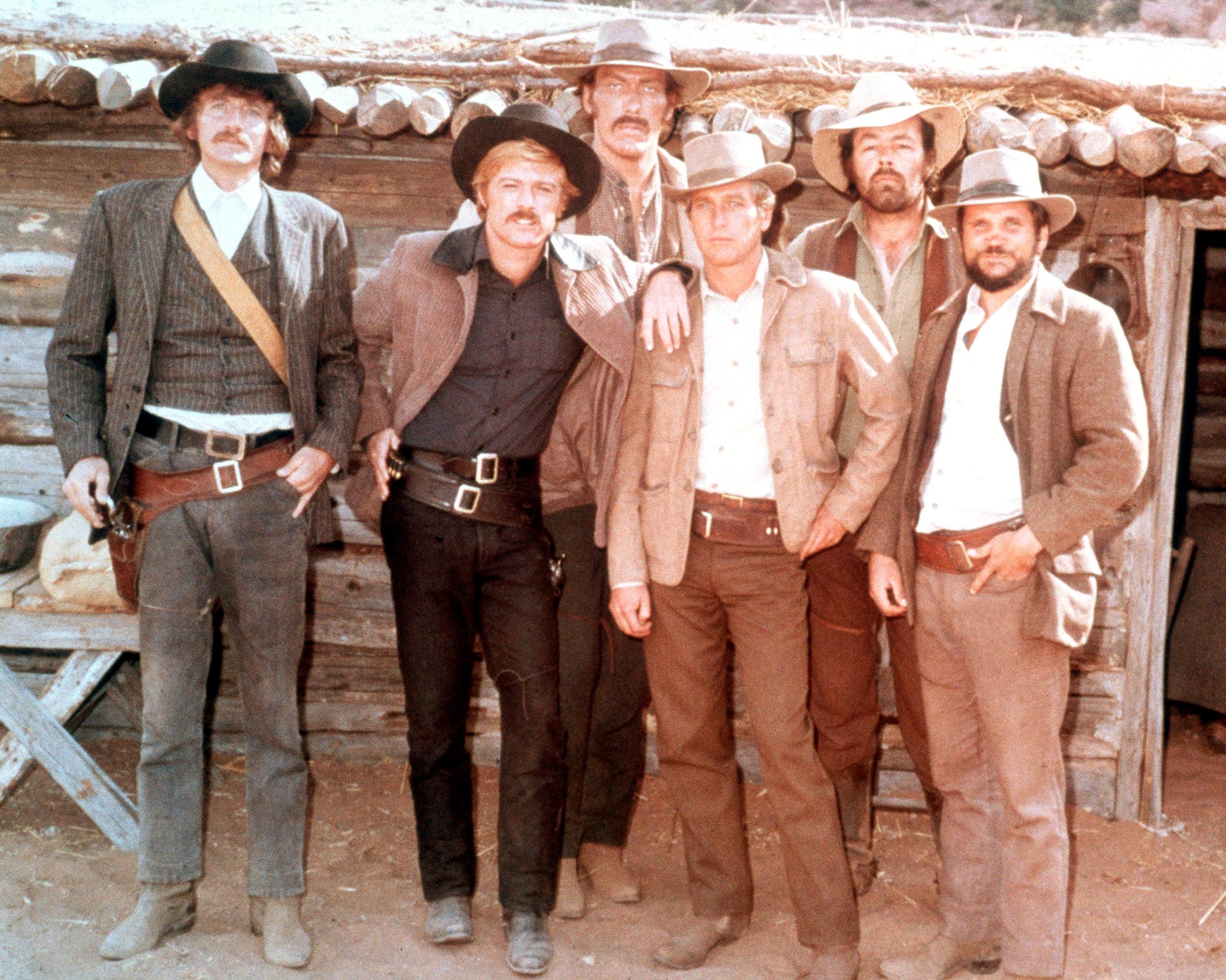 From left: Timothy Scott, US actor, Robert Redford, US actor, Ted Cassidy (1932-1979), US actor, Paul Newman young (1925-2008), US actor, Dave Dunlap and Charles Dierkop, US actor, pose for a group portrait issued as publicity for the film, 'Butch Cassidy and the Sundance Kid