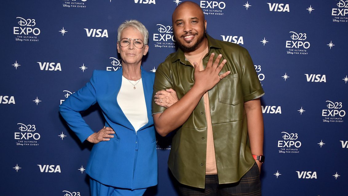 Jamie Lee Curtis and Justin Simien attend the D23 Expo for 'Haunted Mansion', 2022 