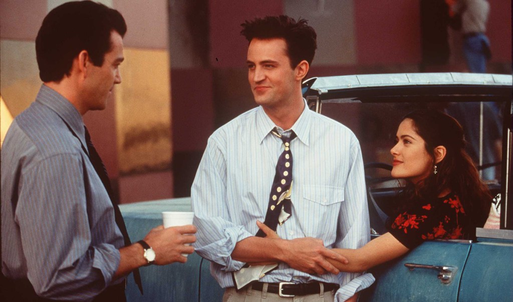 John Tenney, Matthew Perry and Salma Hayek on the set of Fools Rush In in 1997