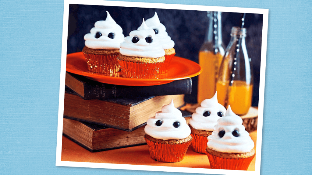 Ghost Cupcakes sits on a plate (scary cupcakes)