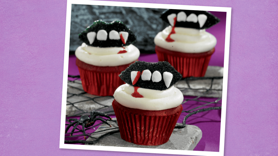 Vampire cupcakes sit on a plate- halloween cupcakes