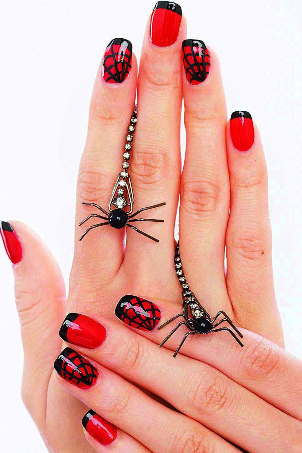 Red and black spider web French tip nails