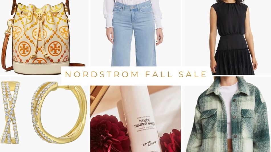 A collage of clothing, beauty, a jewelry items discounted during the Nordstrom Fall Sale 2023.
