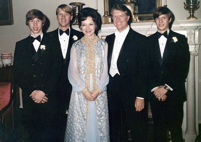 Jeff, Jack, Rosalynn, Jimmy, and Chip Carter (l to r) pose for a photo before the governor’s inaugural ball in January 1971