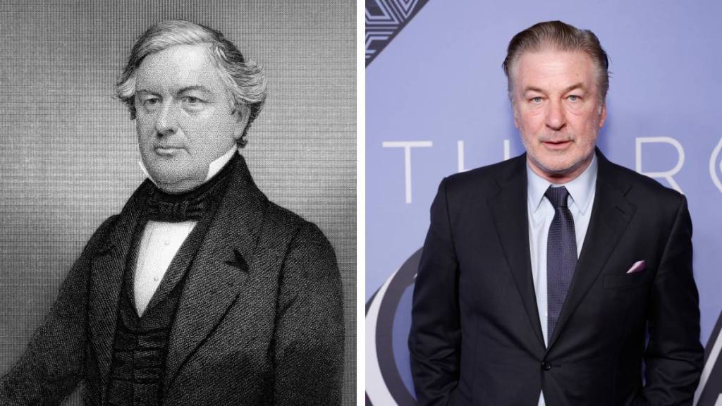 Celebrities who look like historical figures: Left: President Millard Fillmore (1877), Right: Alec Baldwin (2023)