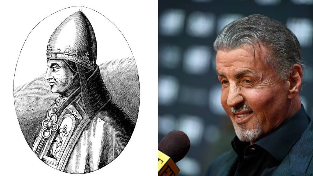 Celebrities who look like historical figures:Left: Pope Gregory IX, Right: Sylvester Stalone (2023)