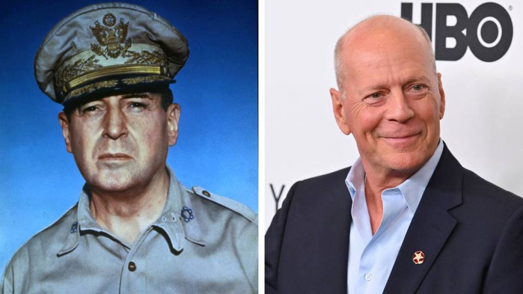 Celebrities who look like historical figures:Left: General Douglas MacArthur (1945), Right: Bruce Willis (2019)