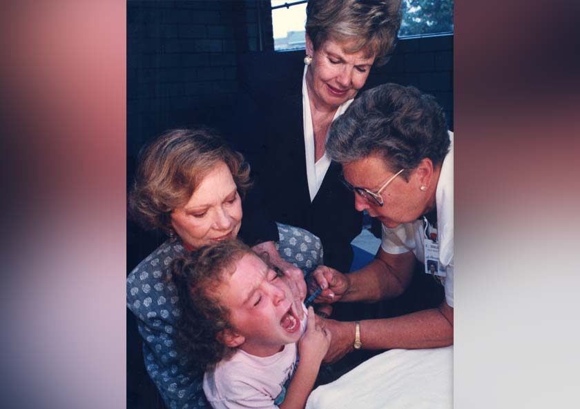 After leaving the White House, Rosalynn Carter co-founded Every Child By Two (known today as Vaccinate Your Family) to raise awareness nationwide of the need for childhood immunizations by age two. This photo was taken in Philadelphia, Pennsylvania, 1993