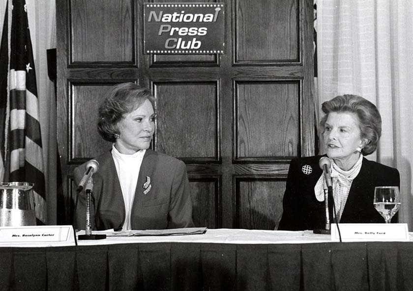 Former First Ladies Rosalynn Carter and Betty Ford joined forces to testify in the U.S. Senate and speak at the National Press Club on March 7, 1994, calling for comprehensive mental health and substance use insurance benefits