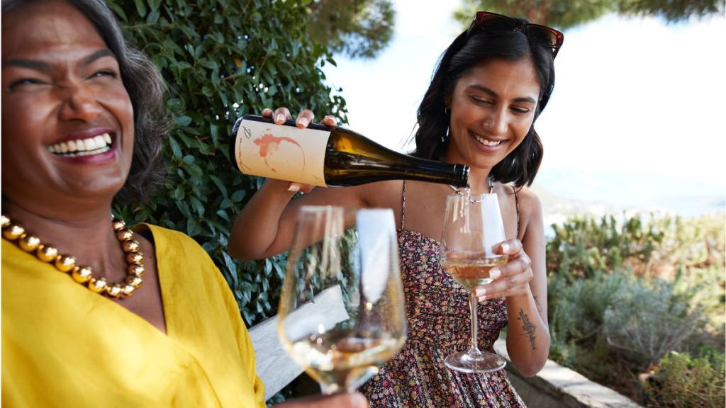 Work from home sales jobs : Young woman pouring white wine in glass by happy female friend during weekend party