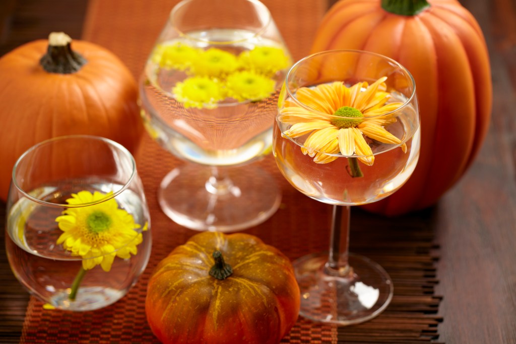Table centerpiece ideas: a trio water-filled glasses with fall flowers floating in water. An easy water feature for a Thanksgiving tabletop!