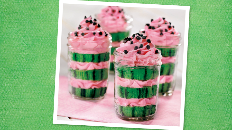 Watermelon Cupcakes in Jars sits looking good (cake in a jar)