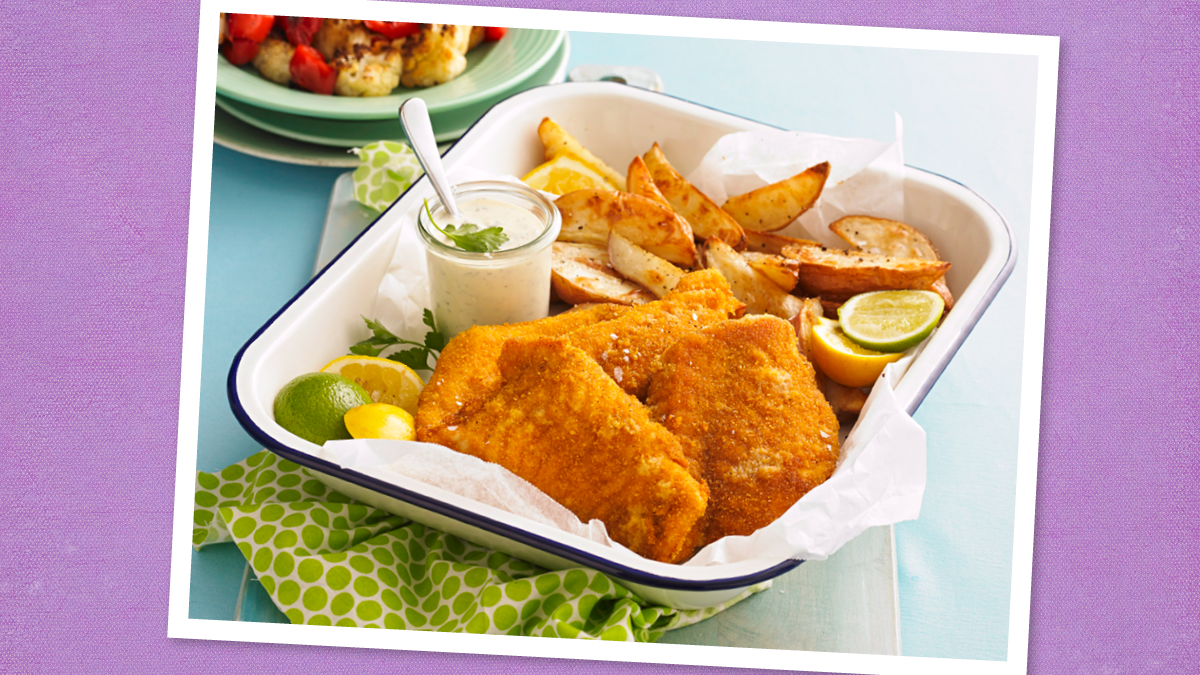 Crispy Air Fryer Fish & Chips sits on a purple background