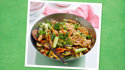 Chicken Chow Mein sits on a green background (Monday night dinner ideas )