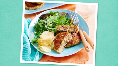 Crispy Maryland Crab Cakes sits on a teal background (Monday night dinner ideas )