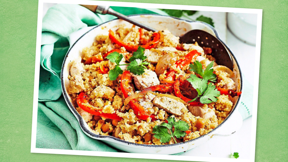 Spiced Chicken ‘n’ Chickpeas sits on a green background (Thin Sliced Chicken Breast Recipes)