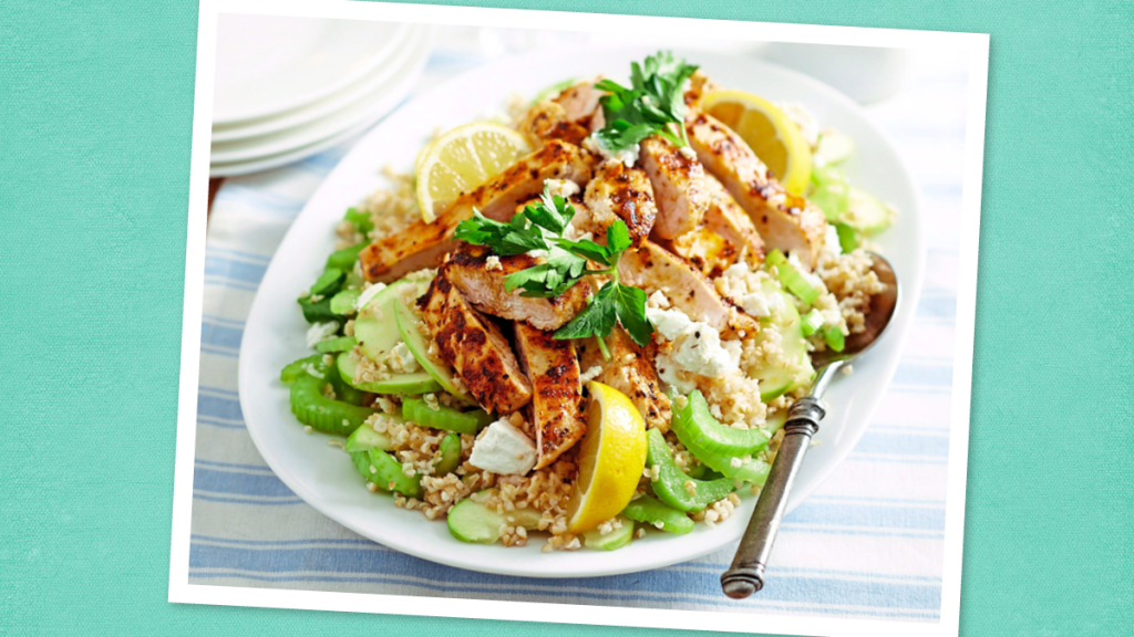 Chicken Waldorf Salad sits on a teal background (Thin Sliced Chicken Breast Recipes)