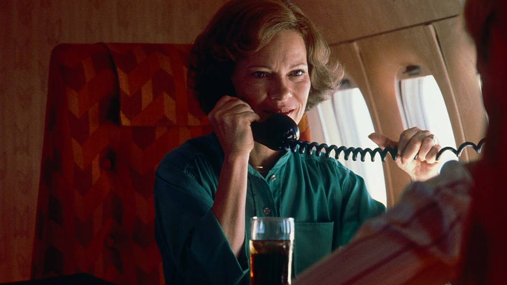 Rosalynn Carter on the phone in her phone during a campaign trip in 1979