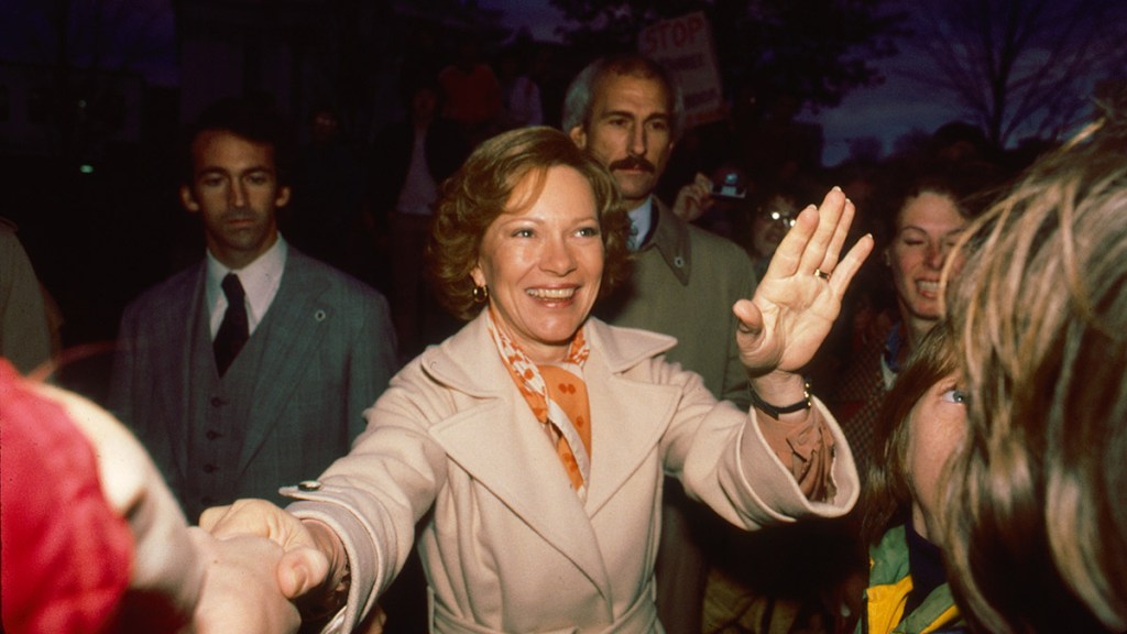 First lady Rosalynn Carter greets people during a campaign event in New Hampshire on Oct. 24, 1979