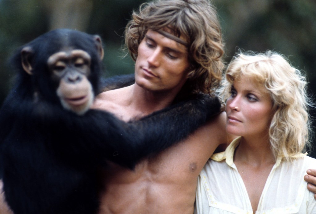 Chimpanzee, Miles O'Keeffe and Bo Derek together in a scene from the film 'Tarzan, The Ape Man', 1981