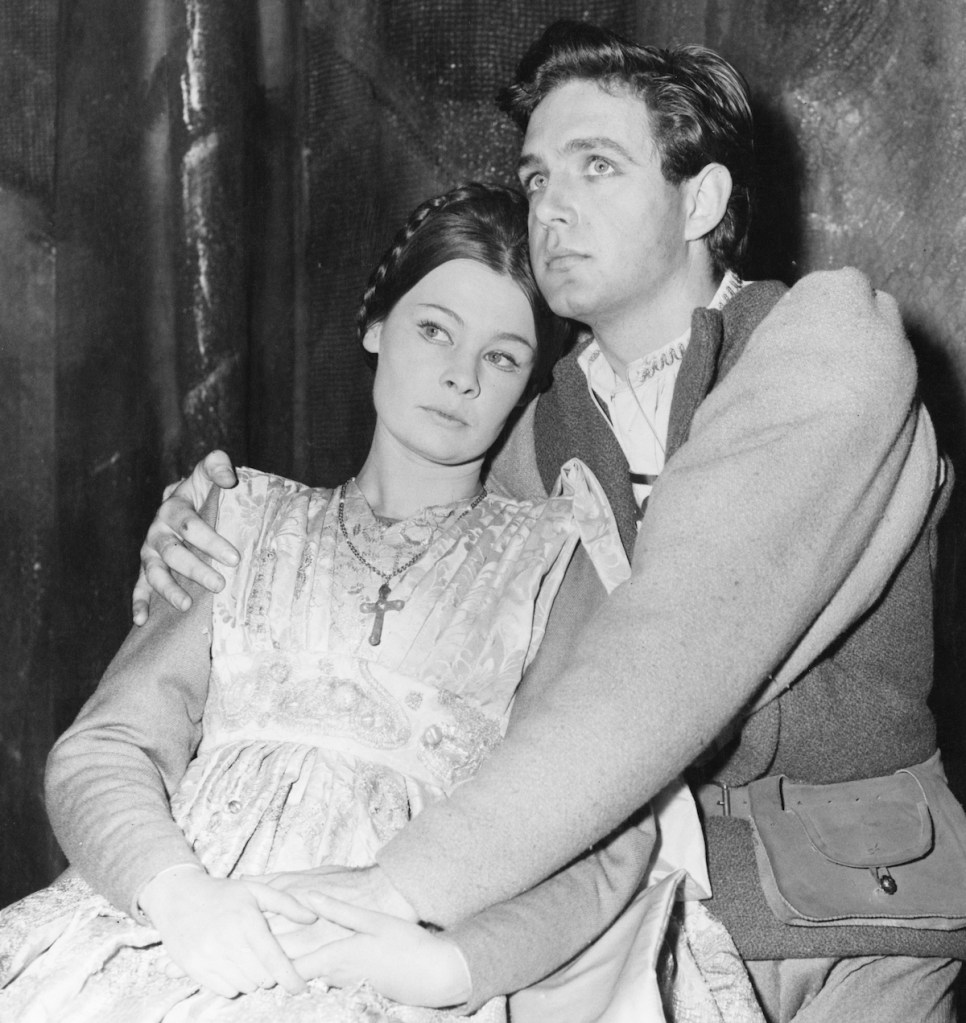 Judi Dench as Juliet and John Stride as Romeo in a rehearsal of Shakespeare's 'Romeo And Juliet' at the Old Vic, London, 30th September 1960