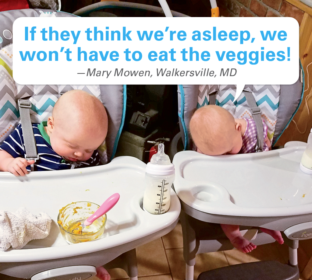 Caption contest winners: 2 babies asleep at high chairs with caption "If they think we're asleep, we won't have to eat our veggies"