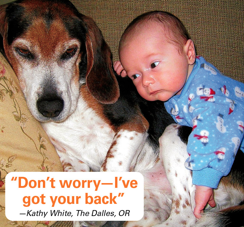 Caption contest winners: Baby laying on beagle with caption "Don't worry, I've got your back."