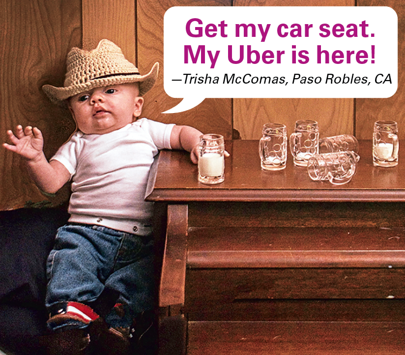 Caption contest winners: Baby with empty shots of milk on a bar and hand raised with caption "Get my car seat. My Uber is here!"