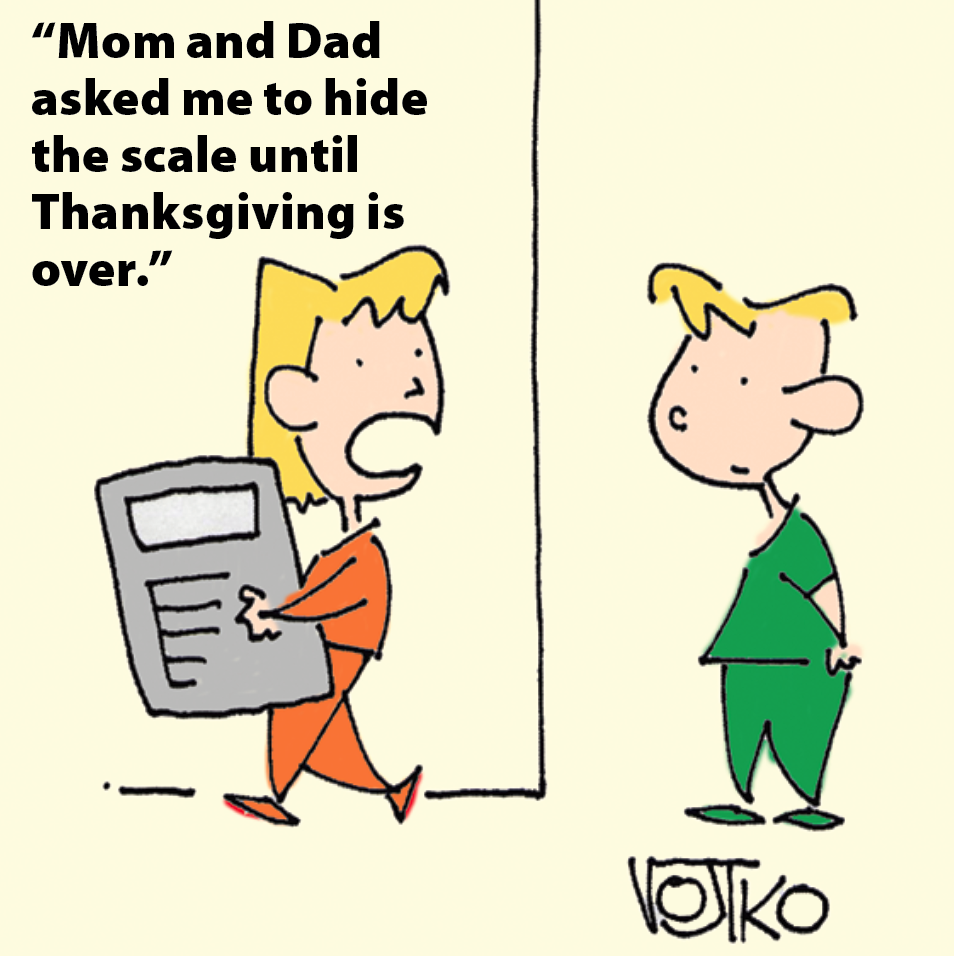 Thanksgiving jokes: Kid hiding the scale with caption, "Mom and Dad asked me to hide the scale until Thanksgiving is over."