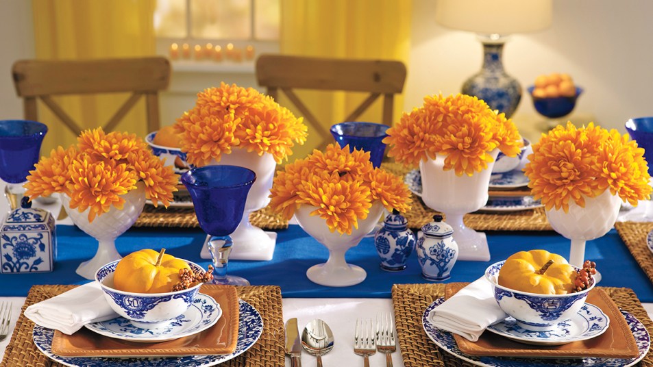 Table centerpiece ideas: Thanksgiving floral tabletop runner shown on table