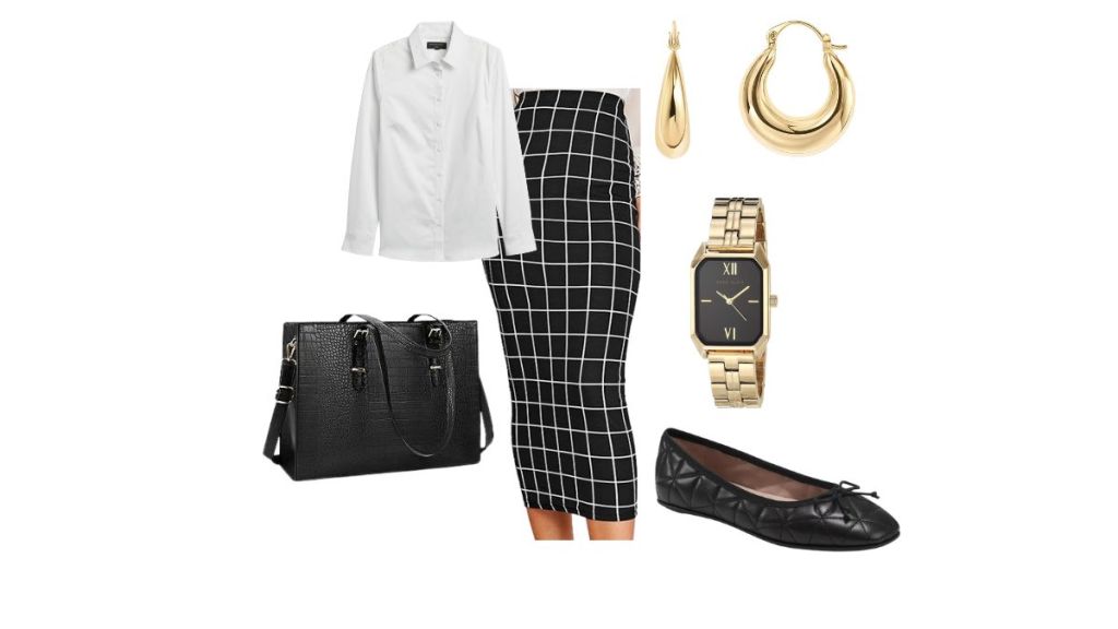 Work outfit with plaid midi skirt