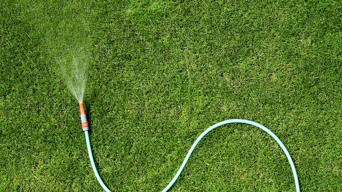 garden hose spraying on grass to clean gutters without a ladder