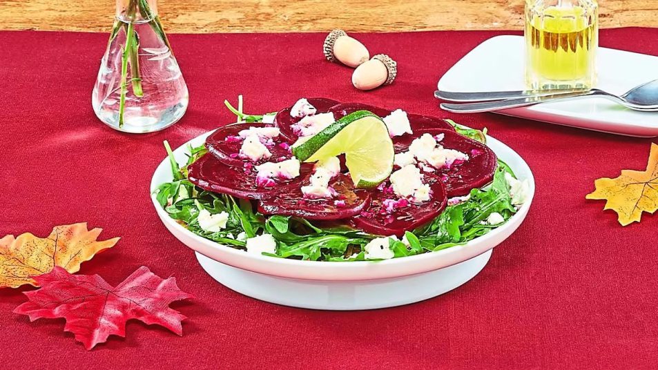Beet Arugula Salad sits on a bowl (Side dishes for meatloaf)