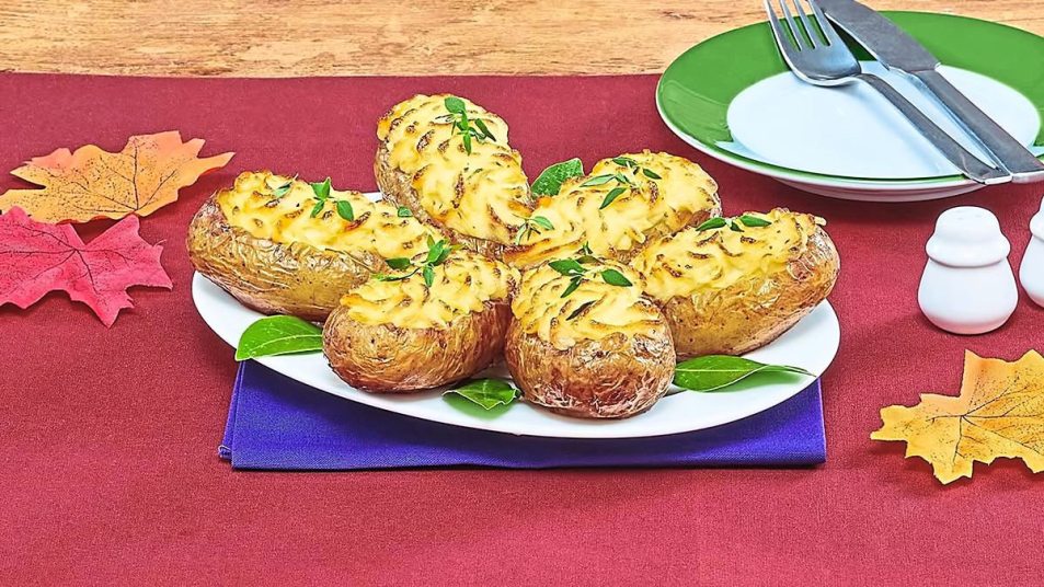 Parmesan-Thyme Duchess Potatoes sits on a red table (Side dishes for meatloaf)