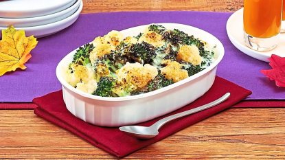 Creamy Broccoli and Cauliflower Gratin sits in a bowl (Side dishes for meatloaf)