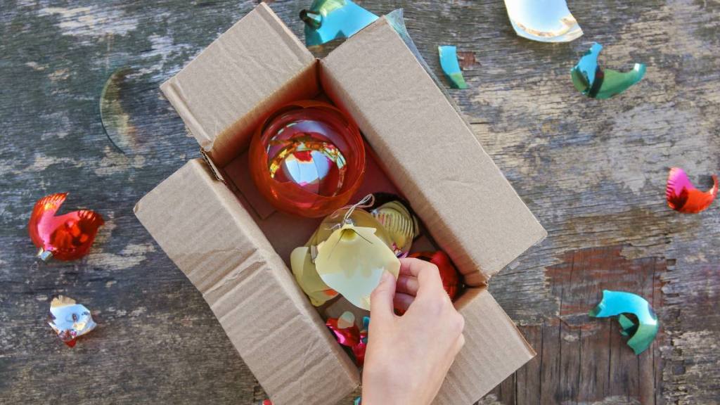 How to clean up broken glass: A woman received a parcel with broken Christmas tree glass balls. The concept of a bad packing of goods.