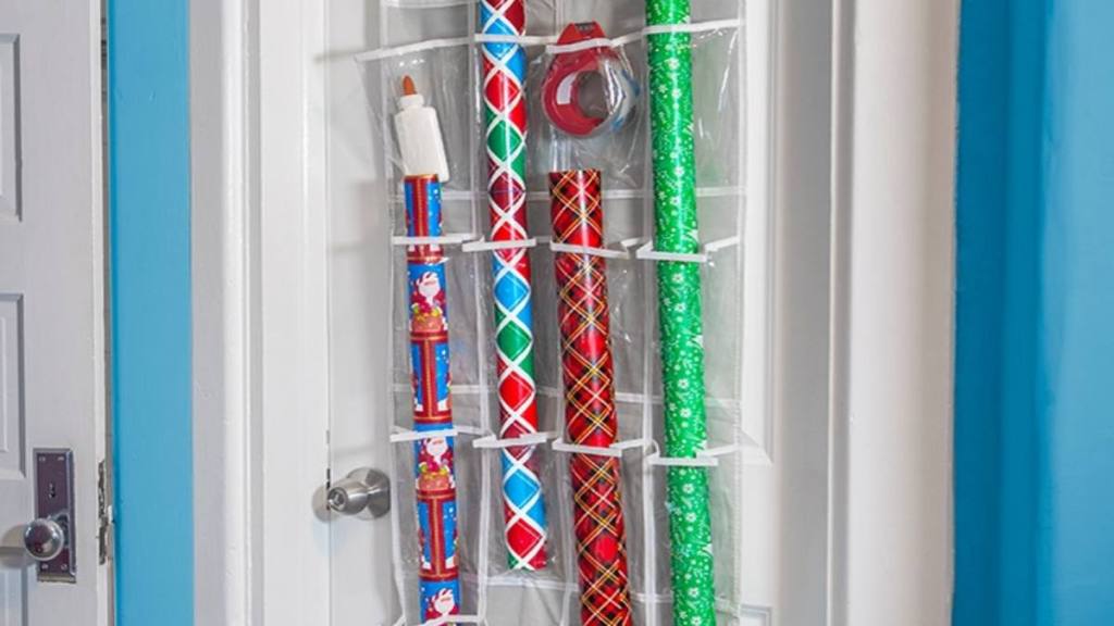 How to store wrapping paper: Use a plastic shoe organizer 
