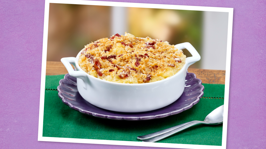 Christmas casserole recipe for Bacon-Kissed Three-Cheese Macaroni