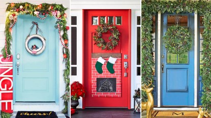 DIY outdoor Christmas decorations: 3 holiday doors in bright colors and holiday decor feature image