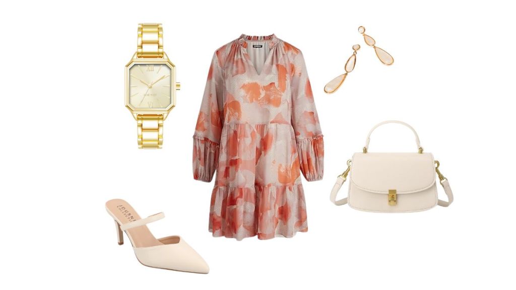 peach dress with nude and gold accessories