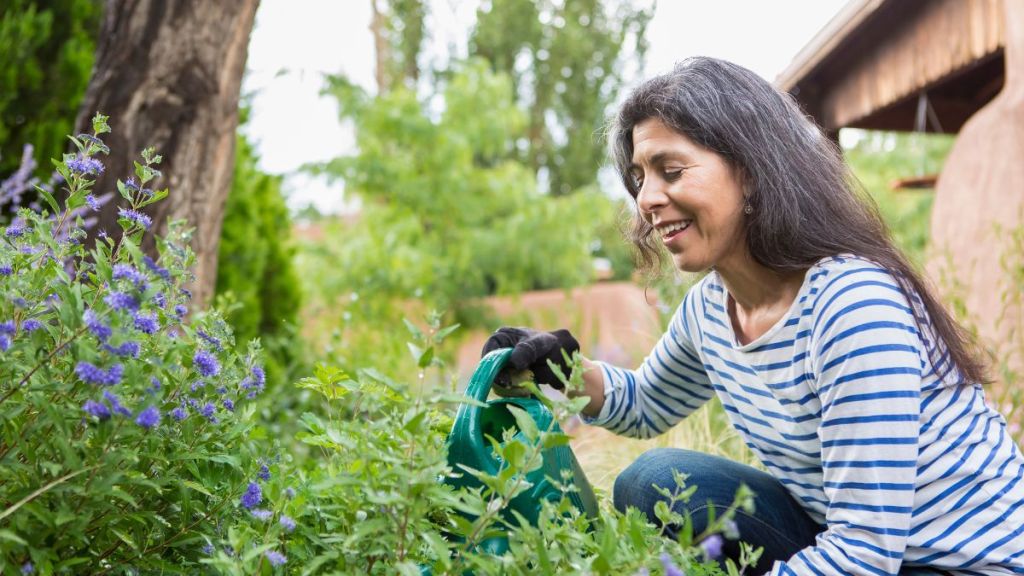 Woman watering flowers in garden: Caregiver burnout