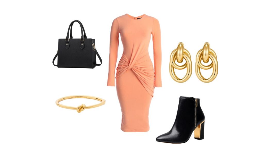 peach wrap dress with gold and black accessories