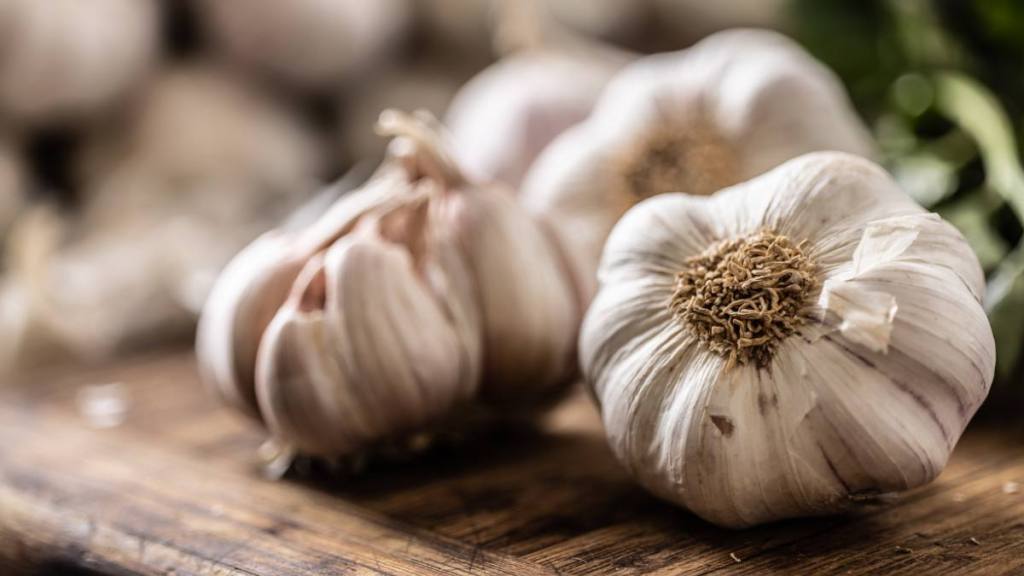 The best foods to eat for gut health: Organic garlic unpeeled ready to be used for cooking in the kitchen.