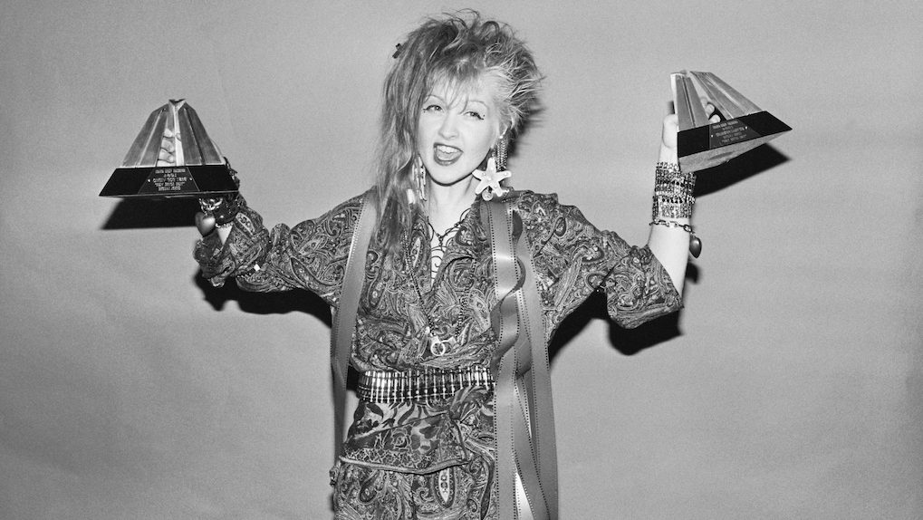 Cyndi Lauper shows off her music video awards, 1985