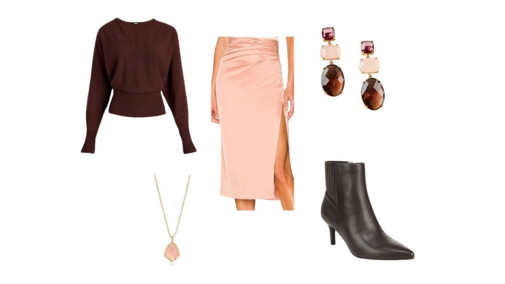 peach satin skirt with brown sweater