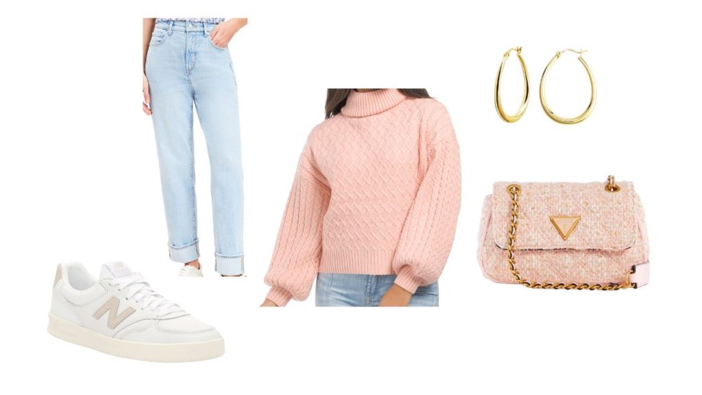peach balloon sleeve sweater with light wash jeans