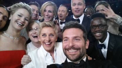Ellen DeGeneres poses for a selfie taken by Bradley Cooper with (clockwise from L-R) Jared Leto, Jennifer Lawrence, Channing Tatum, Meryl Streep, Julia Roberts, Kevin Spacey, Brad Pitt, Lupita Nyong'o, Angelina Jolie, Peter Nyong'o Jr. and Bradley Cooper (2014) (Funniest Oscar moments)